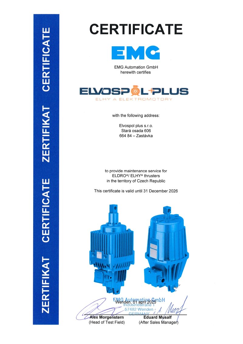 Certifikát EMG Automation GmbH pro ELVOSPOL plus